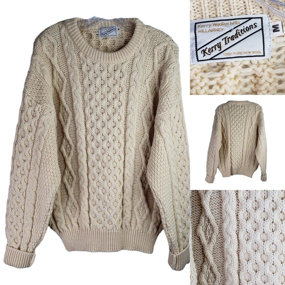 Kerry Woollen Mills Traditions Fisherman Sweater Medium M Cream Merino Wool